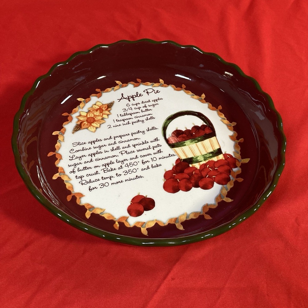 Unbranded 10 In Ceramic Apple Pie Dish Recipe Red Green Bakeware Vintage Style